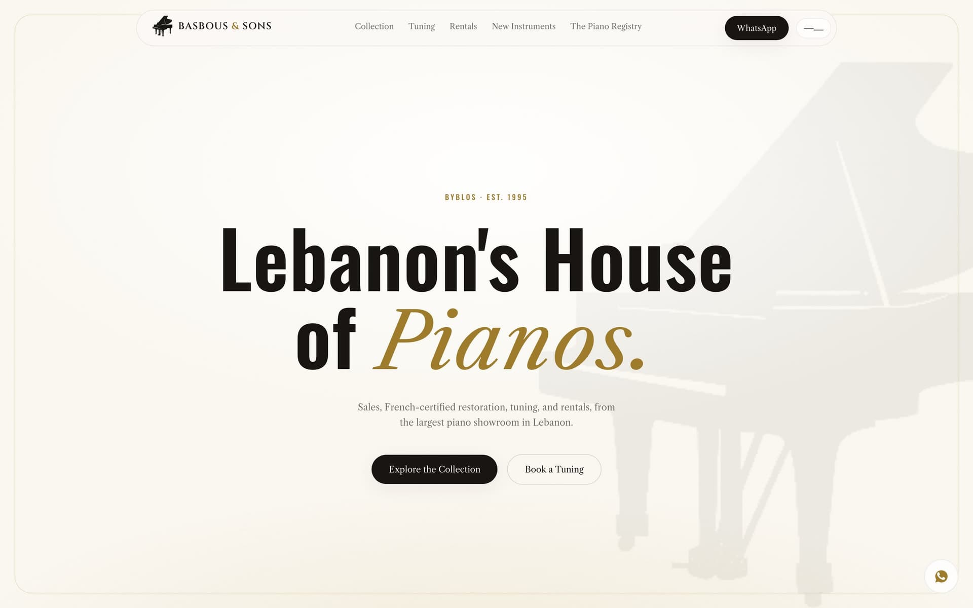 basbousandsons.com home page: Lebanon's House of Pianos, with a grand piano on a paper ground