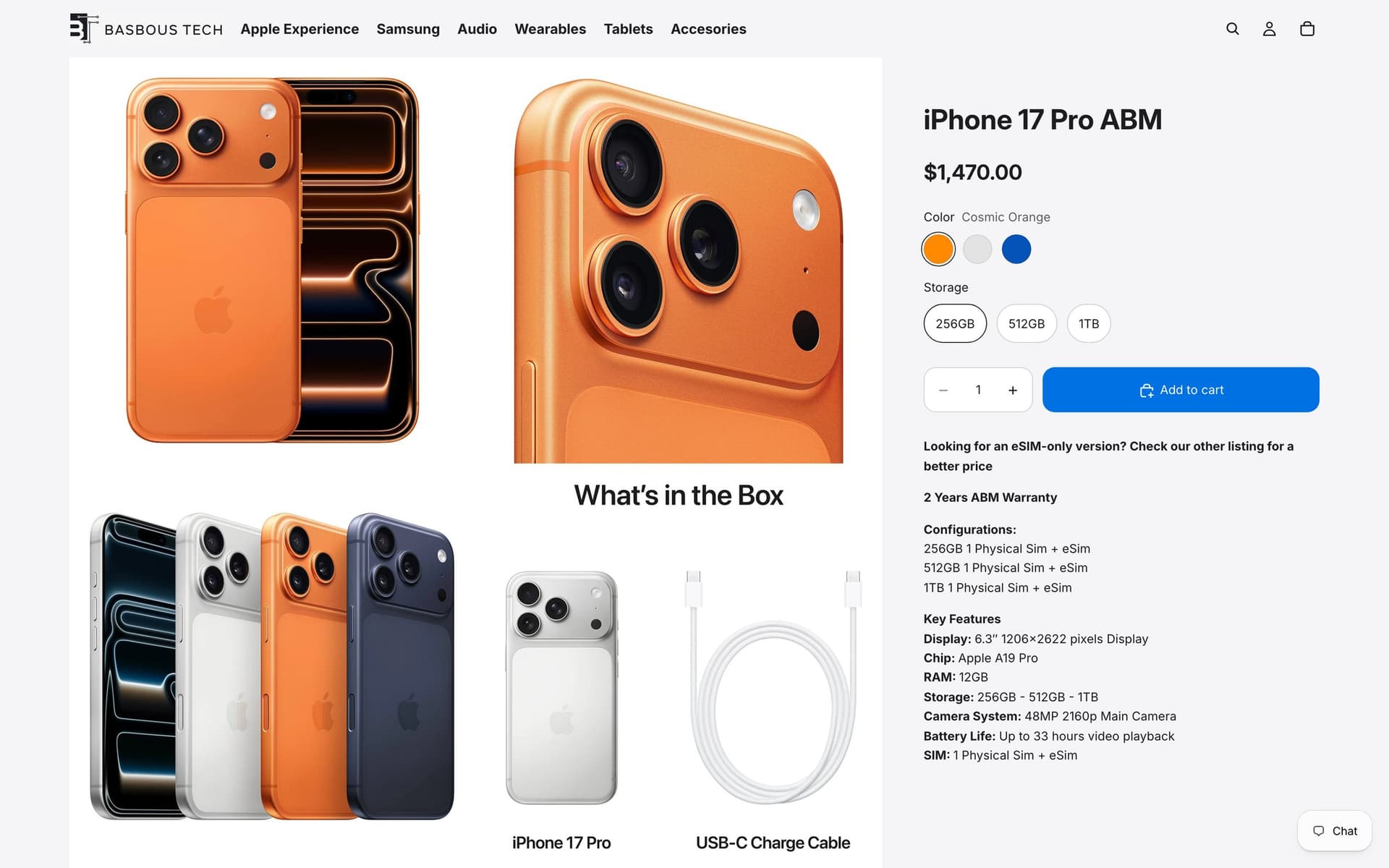 iPhone 17 Pro product page on basboustech.com