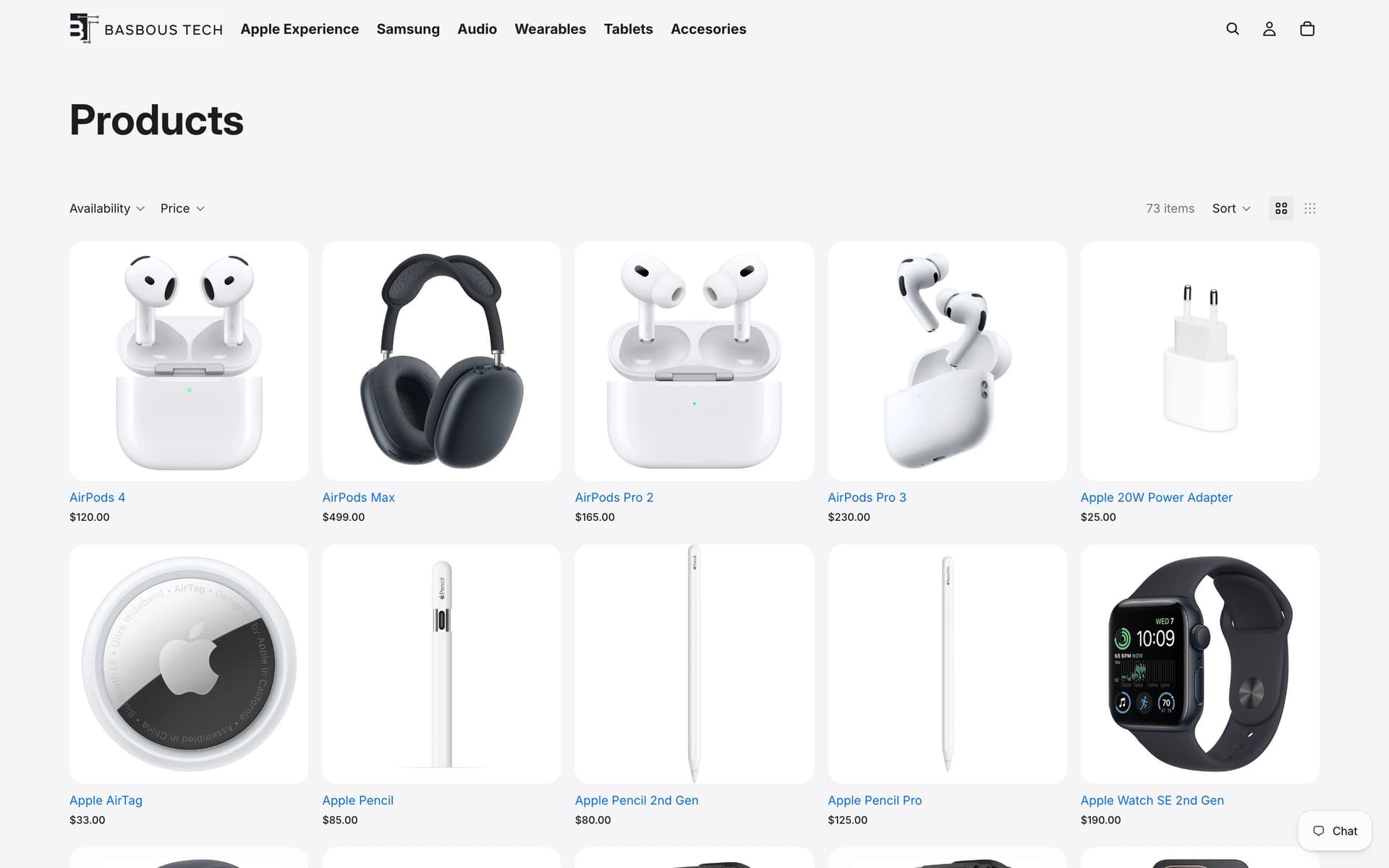 Products collection grid with AirPods, AirTag, Apple Pencil and Apple Watch