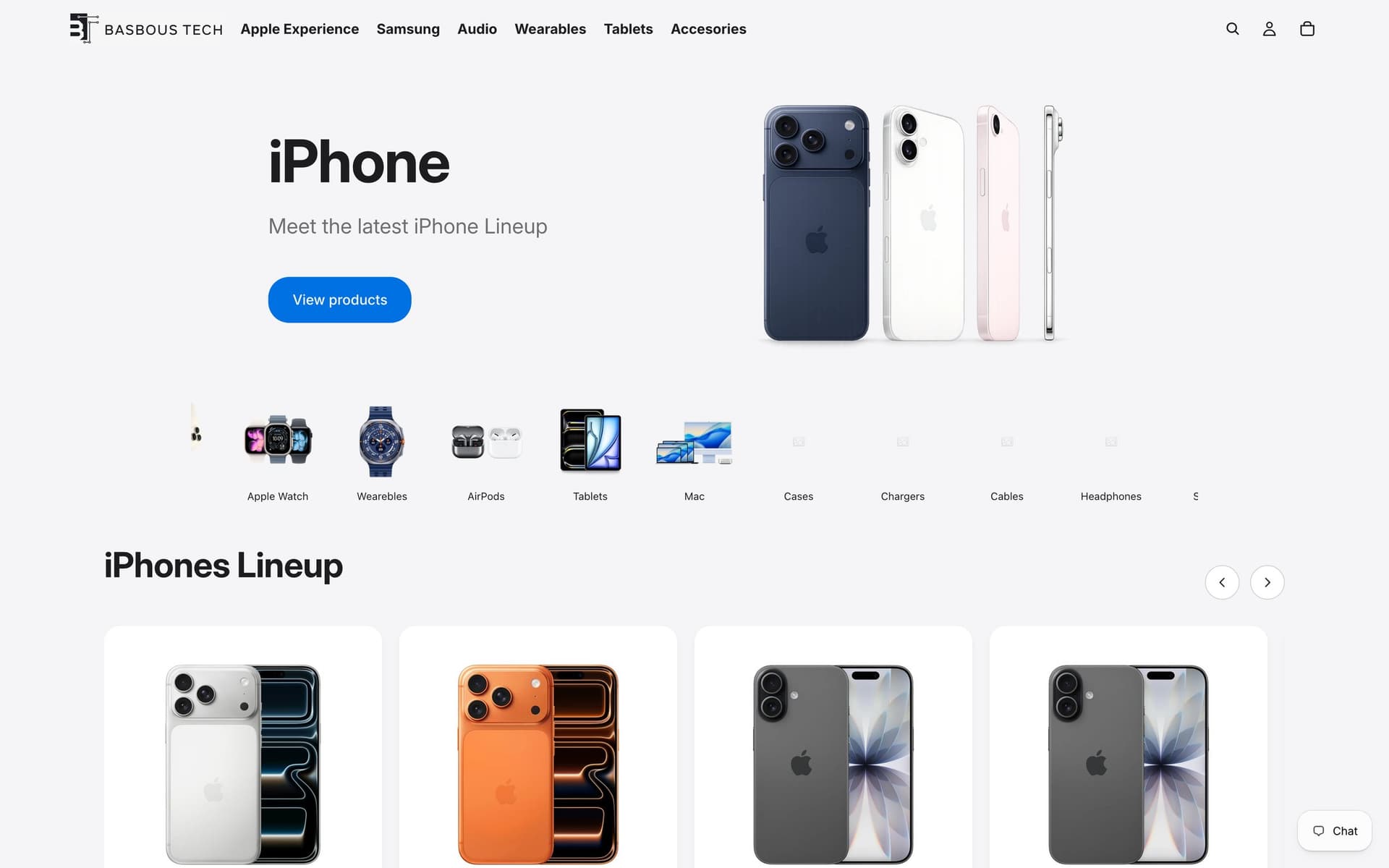 basboustech.com home page: the iPhone lineup on a white ground with category icons beneath