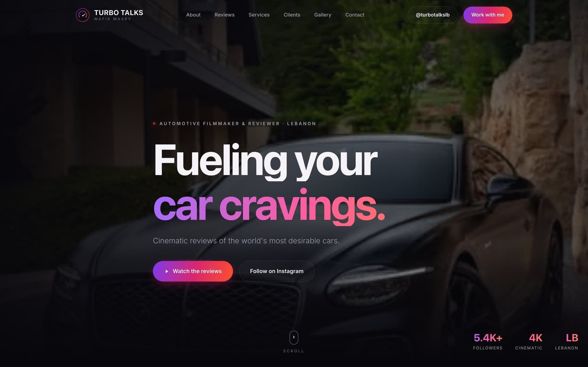 TurboTalks home page: 'Fueling your car cravings' over a photograph of a sports car at night